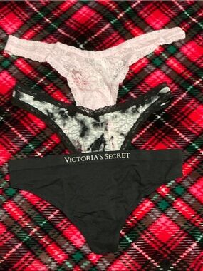 Victoria's Secret Three-Pack Thongs - Black, Light Pink, Gray/Black